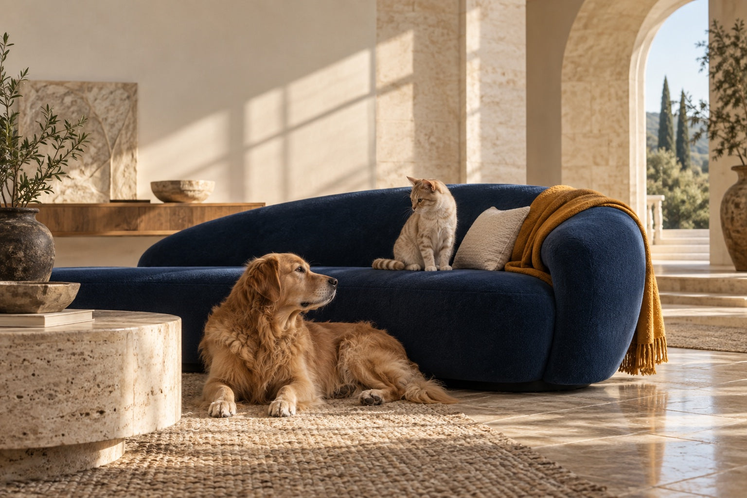 Tespara brand concept — a cat and dog sharing a sunlit home